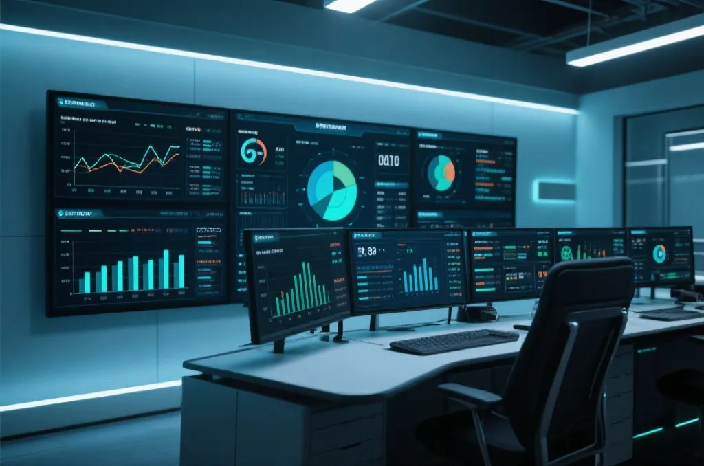 A modern multi-screen sports data monitoring center, clean interface with glowing charts, data streams, and server metrics, no logos, professional technology environment